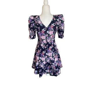 VTG 80s puffy flared navy floral mini dress